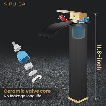 Airuida Vessel Sink Faucet, Black&Gold Tall Waterfall Bathroom Faucet | Single Handle,Tall Bathroom Faucet 1 Hole,Vanity Faucet,without Drain,Bowl Bathroom Faucet - color: Matte Black&Brushed Gold
