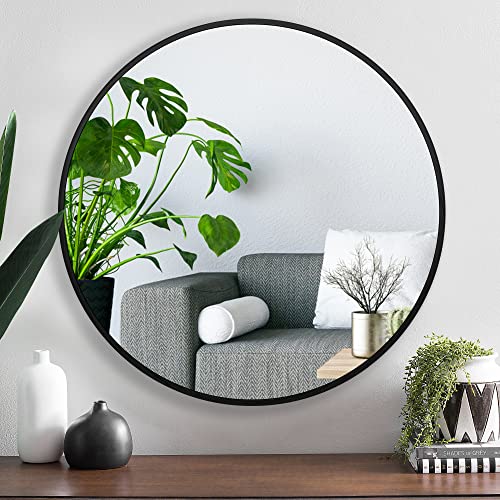 30 Inch Black Tempered Glass Round Mirror,Bathroom Mirror,Metal Frame Vanity Mirror,Circle Wall Mirror for Bathroom Bedroom Living Room Entryways Washrooms - color: Black-round, size: 30"L x 30"W