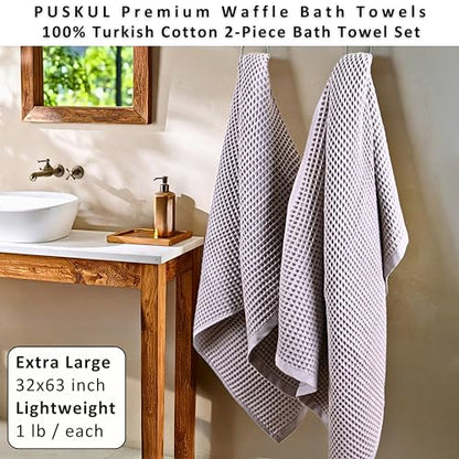 PÜSKÜL 2-Piece Natural 100% Turkish Cotton Waffle Bath Towels Extra-Large | Light Gray, 32x63" Bath Sheet Towel, Soft Absorbent Quick-Dry Lint-Free Premium 3D Honeycomb Weave Oeko-Tex Made in Turkiye - color: Gray, size: Bath Towels - Pack of 2