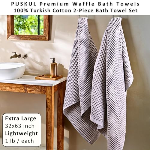 PÜSKÜL Natural 100% Turkish Cotton Waffle Bath Towels Set of 2, Extra-Large | Light Gray, Oversize 32x63" Bath sheet towel for bathroom & beach. Honeycomb-Waffle weave, Premium oeko-tex made in Turkey. - color: Gray, size: Bath Towels - Pack of 2
