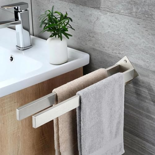 Double Rod Towel Bar 16 Inch, SUS304 Stainless Steel Wall Mounted Towel Holder, Bathroom Kitchen Double Layer Towel Rail, Modern Design Square Wall Towel Rack for Bathroom, Kitchen Brushed Nickel - color: Brushed Nickel