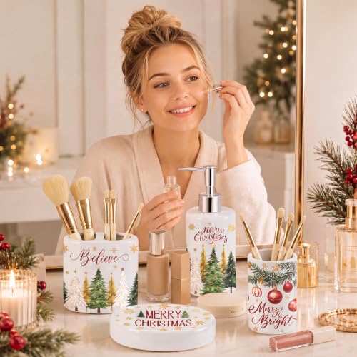 4 Pcs Christmas Ceramic Bathroom Accessories Gifts Xmas Tree Bath Tumbler Soap Dispenser Toothbrush Holder Soap Tray Merry Xmas Bathroom Decorations (White Merry Christmas) - style: White Merry Christmas