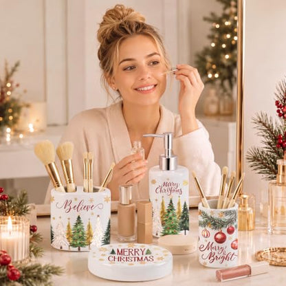 4 Pcs Christmas Ceramic Bathroom Accessories Gifts Xmas Tree Bath Tumbler Soap Dispenser Toothbrush Holder Soap Tray Merry Xmas Bathroom Decorations (White Merry Christmas) - style: White Merry Christmas