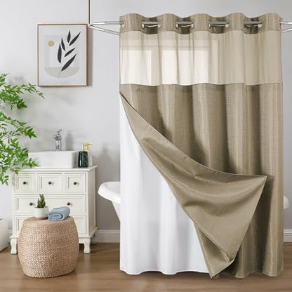 Colorful Star No Hook Waffle Shower Curtain with Snap in Fabric, Waterproof Shower Curtains with See Through Top Window, Hotel Luxury Heavy Duty Bathroom Curtain and Liner Set, 72'' x 75'', Beige - color: Beige, size: 72"W x 75"L (Pack of 1)