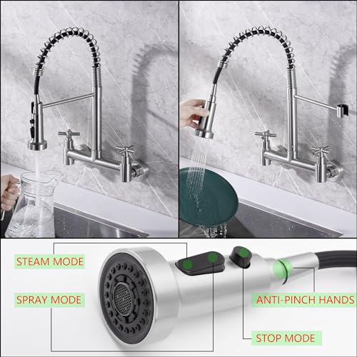 Wall Mount Faucet 8"" Center, Commercial Mixer Tap, Kitchen Sink Faucets | 304 Stainless Steel Constructed, High Arc Dual Handle, Rotatable - color: Style B, Dual Handle
