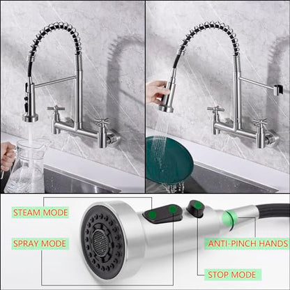 Wall Mount Faucet 8"" Center, Commercial Mixer Tap, Kitchen Sink Faucets | 304 Stainless Steel Constructed, High Arc Dual Handle, Rotatable - color: Style B, Dual Handle