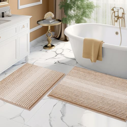 Bathroom Rugs and Mats Sets, 2 Piece Thick Absorbent Chenille Bath Mat Rug Set Non Slip, Soft Shaggy Bath Room Floor Mats for Bathroom, Machine Washable (20" x 32" Plus 16" x 24", Beige) - color: Beige, size: 20" x 32" Plus 16" x 24"