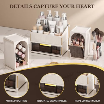 INVSSENE Stackable Makeup Organizer Countertop, Storage Perfume Skincare Cosmetic Lipstick Face Mask Makeup Brush Palettes, Ideal for Vanity Bathroom Counter - color: 3516 White+Coffee