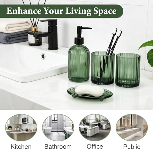 Topsky 4 Pcs Glass Bathroom Accessories Set,13.5oz Liquid Hand Soap Dispenser with Toothbrush Holder,Mouthwash Cup,Soap Dish for Bathroom Countertop,Vertical Stripe Design,Heavy Weight,Army Green