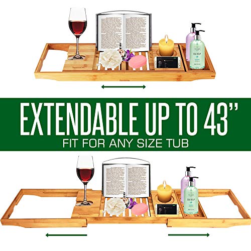 Adjustable Bamboo Bathtub Caddy Tray - Natural Wood Luxury Bath Tub Organizer w/Wine Holder, Soap Dish, Cup Slot, Book Tablet Holder, and Phone Slot for Spa, Bathroom, Shower - SereneLife