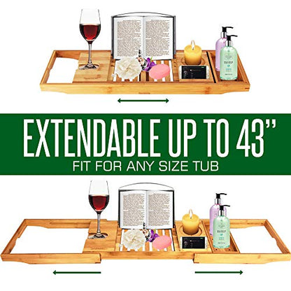 Adjustable Bamboo Bathtub Caddy Tray - Natural Wood Luxury Bath Tub Organizer w/Wine Holder, Soap Dish, Cup Slot, Book Tablet Holder, and Phone Slot for Spa, Bathroom, Shower - SereneLife