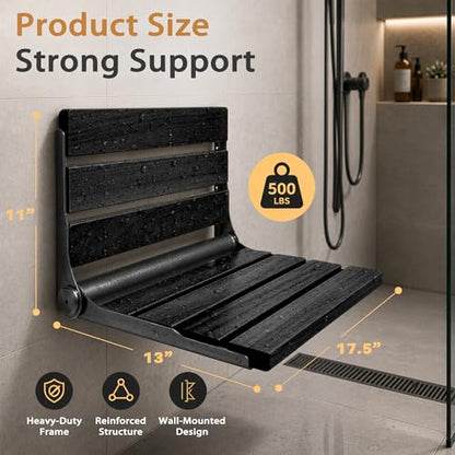 Folding Shower Seat Teak, Bathla Safety Furniture Stainless Steel, Shower Seats for Elderly, Fold Down Shower Seat, Black Wood - color: Black and Black Stainless Steel