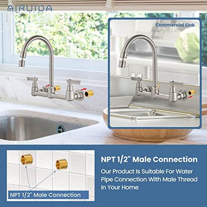 Airuida 8 Inch Brushed Nickel Wall Mount Kitchen Sink Faucet | 2 Handle Kitchen Faucet,without Adapter,360° Swivel Spout,Commercial Sink Faucet,for Laundry Utility - color: Brushed Nickel