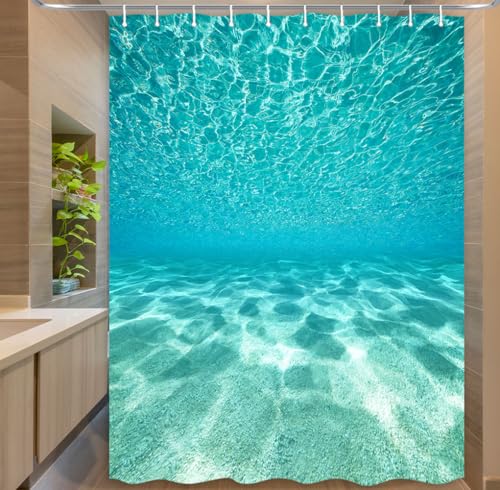 MERCHR Cute Teal Blue Ocean Shower Curtain, Nature Underwater Sea World Sand Beach Bathroom Curtains Waterproof Fabric, 60X72 Inches - color: Teal, size: 60"W x 72"L (Pack of 1)