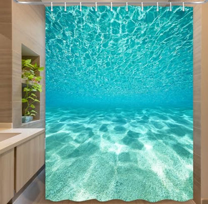 MERCHR Cute Teal Blue Ocean Shower Curtain, Nature Underwater Sea World Sand Beach Bathroom Curtains Waterproof Fabric, 60X72 Inches - color: Teal, size: 60"W x 72"L (Pack of 1)