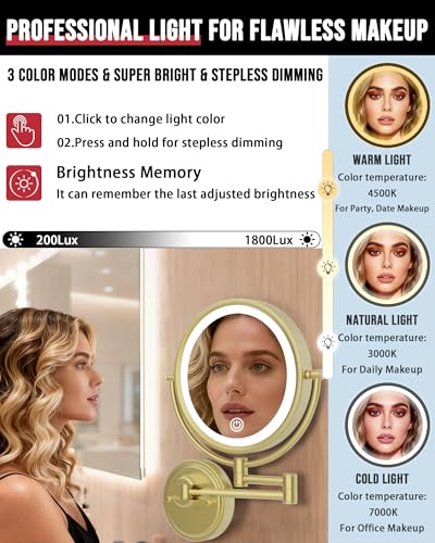 10" Brass Bathroom Large Wall Mount Makeup Mirror with Lights Extension Arm | Rechargeable, USB Charging, Touch Dimmable 3 Color LED Swing Shaving, 1/5X 2 Sided, Magnifying, Memory Function, Brushed Gold - color: Brushed Gold