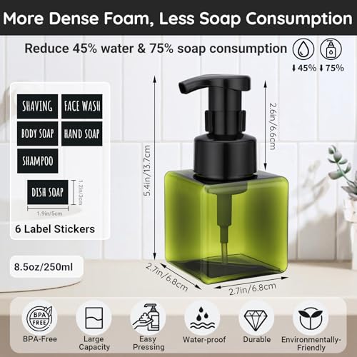 Segbeauty 8.5oz Bathroom Foaming Pump Bottle Empty, 2pcs Refillable Foam Hand Soap Dispenser Set for Kitchen, 250ml Small Green Square Foamer Bottles for Shampoo Body Wash, Plastic Liquid Container - color: Green, style: 2pcs 8.5oz