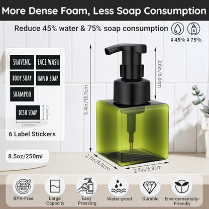 Segbeauty 8.5oz Bathroom Foaming Pump Bottle Empty, 2pcs Refillable Foam Hand Soap Dispenser Set for Kitchen, 250ml Small Green Square Foamer Bottles for Shampoo Body Wash, Plastic Liquid Container - color: Green, style: 2pcs 8.5oz