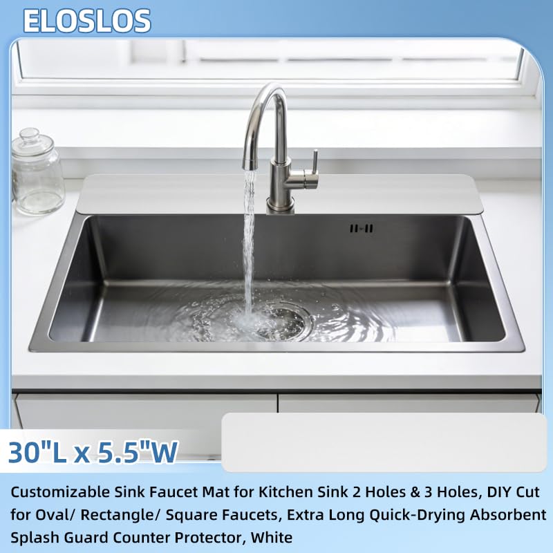30"L x 5.5"W Customizable Sink Faucet Mat for Kitchen Sink 2&3 Holes, White | DIY Cut for Oval/Rectangle/Square Faucets, Extra Long Coverage, For Splashes & Drips - style: 1 Pcs White