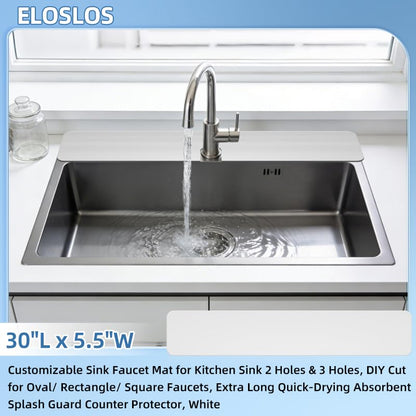30"L x 5.5"W Customizable Sink Faucet Mat for Kitchen Sink 2&3 Holes, White | DIY Cut for Oval/Rectangle/Square Faucets, Extra Long Coverage, For Splashes & Drips - style: 1 Pcs White