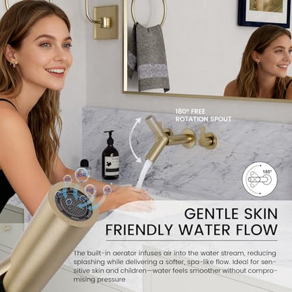 Wall Mount Bathroom Faucet Brushed Gold,Solid Brass Wall Mounted Sink Faucet,Widespread 3 Holes 2 Lever Handles Lavatory Vessel Sink Mixer Tap with Foldable Spout - color: Brushed Gold