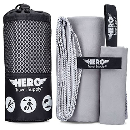 Hero Microfiber Towel, Camping, Beach, Gym, Includes Bonus Washcloth (Grey, 24" x 48") - color: Grey, size: 24" x 48"