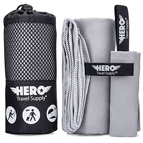 Hero Microfiber Towel, Camping, Beach, Gym, Includes Bonus Washcloth (Grey, 24" x 48") - color: Grey, size: 24" x 48"