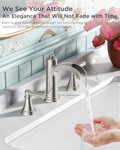 FORIOUS Brushed Nickel Bathroom Faucet Waterfall 3 Hole, 8 in Spread Faucet | Widespread Polished Nickel Faucet Bathroom 3 Hole for 4"-12" Sinks, Silver Bathroom Sink Faucet 3 Hole Vanity and Metal Drain - color: Brushed Silver