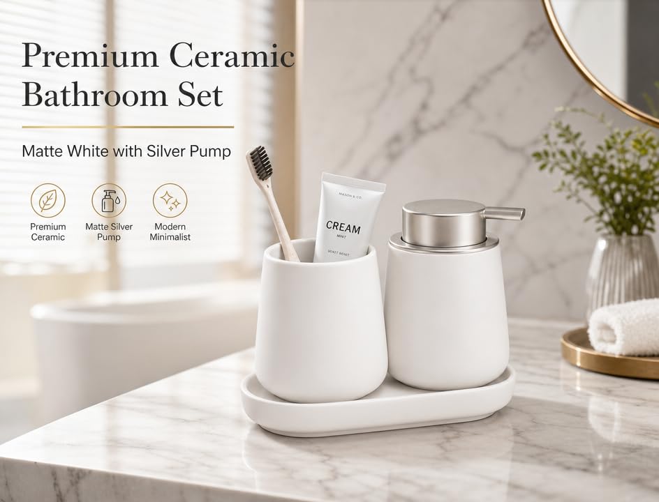 Ceramic Bathroom Accessories Set, 3 Pieces with Soap Dispenser, Toothbrush Holder, and Cup, Matte Black, Polished Finish (White) - color: White