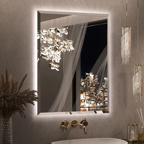 Keonjinn LED Backlit Mirror 28 x 36 Inch, Frameless LED Mirror with Beveled Edge, Tempered Glass, UL-Listed Power Driver, 3 Color Lights, Anti-fog, Dimmable, Memory Function, French Cleat Installation - color: Backlit Beveled Edge, size: 36"L x 28"W