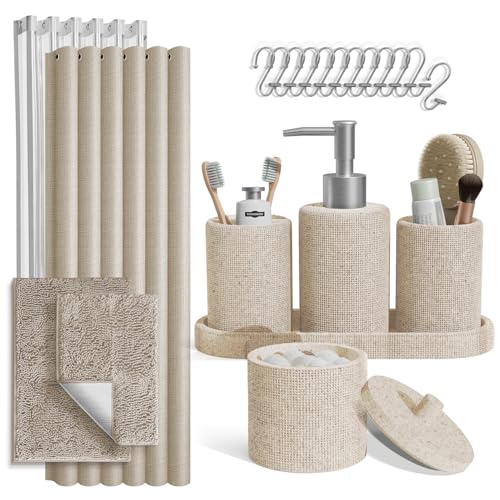 Clara Clark Beige Bathroom Set - Bathroom Sets with Shower Curtain and Rugs, 21PC Bathroom Accessory Set, Shower Curtain Set with Soap Dispenser & Toothbrush Holder - color: Beige, size: Complete Set + Bath Rugs