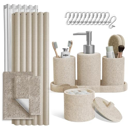 Clara Clark Beige Bathroom Set - Bathroom Sets with Shower Curtain and Rugs, 21PC Bathroom Accessory Set, Shower Curtain Set with Soap Dispenser & Toothbrush Holder - color: Beige, size: Complete Set + Bath Rugs