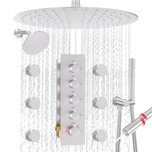 HOMEDEC 16" Round Full Body Shower System with 6" Wall Shower Head, 4 Way Shower Valve with 2-Function Handheld Shower and Body Jets, Brushed Nickel - color: Brushed Nickel, style: 4-Way + 1x 6" Top