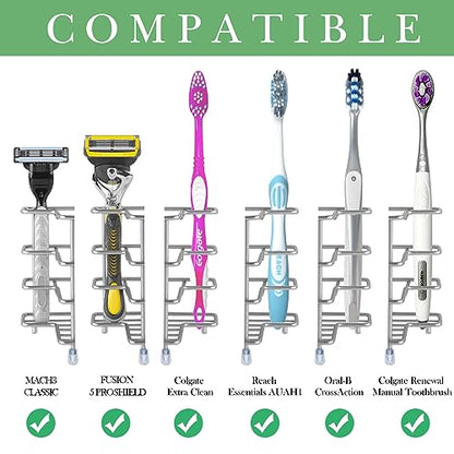 Linkidea Self Adhesive Toothbrush Holder for Shower, Stainless Steel Toothpaste Organizer, 3 Slots Wall Mount/Countertop Stand Compatible with Colgate Extra Clean, Oral-B CrossAction - color: Silver
