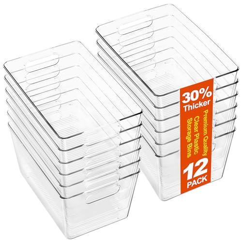 12 Pack Large Clear Plastic Storage Bins, Kitchen&Pantry Organizer | Heavy-duty 450g BPA-free PETG containers with handles for fridge, under-sink, bathroom, office, closet, and garage storage - size: 12 Large & 0 Small