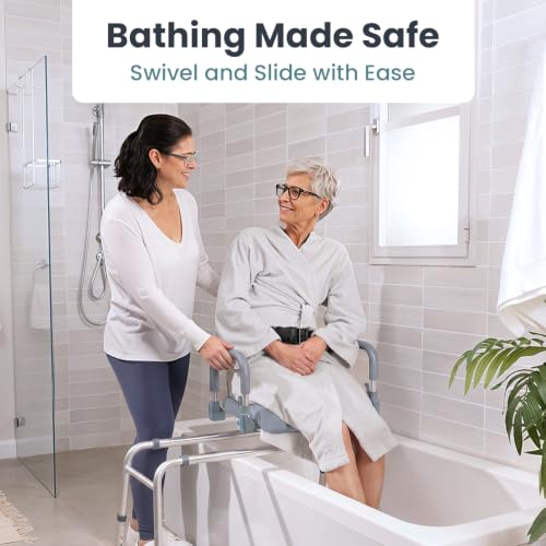 Sliding Shower Chair Tub Transfer Bench with Swivel Seat, Shower Bench for Elderly and Disabled, with Security Belt, 360 Rotation, Slides and Rotates, Adjustable,one Touch Slide Button, Grey - color: Grey