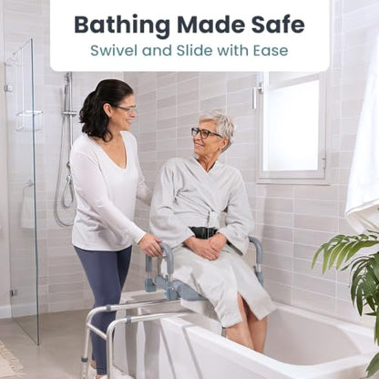 Sliding Shower Chair Tub Transfer Bench with Swivel Seat, Shower Bench for Elderly and Disabled, with Security Belt, 360 Rotation, Slides and Rotates, Adjustable,one Touch Slide Button, Grey - color: Grey