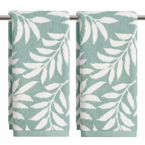 Artoid Mode 2 Pcs Beige Blue Leaves Jacquard Hand Towels for Bathroom, 100% Cotton Soft Absorbent Bathroom Decor Towels, 13.7 x 29.5 Inch - color: Beige/Blue, size: 13.7" x 29.5", 2PCS
