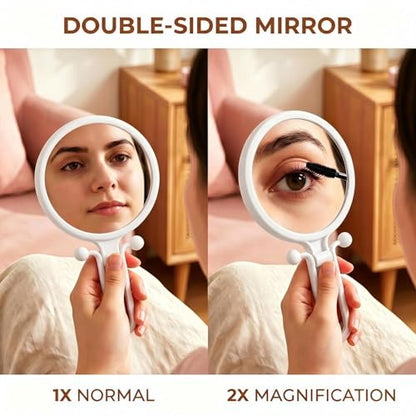 Magnifying Handheld Mirror Double Sided, Travel Makeup Hand Mirrors with 1X 2X Magnification, Small Hand/Desk Vanity Mirror (1Pc White) - color: 1pc White