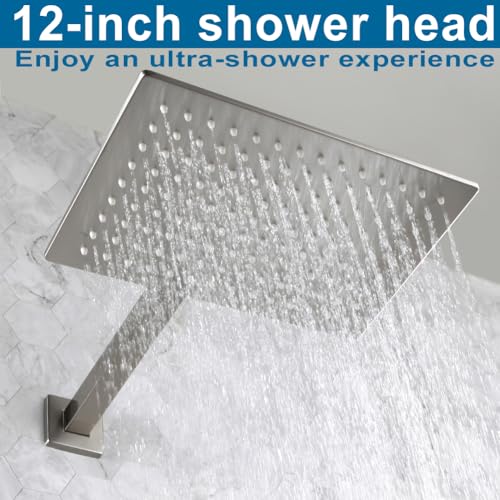 Shower Faucet Set with Rainfall 12 Inch Shower Head, Wall Mounted Bathroom Shower System Brushed Nickel, Single Function Shower Trim Kit with Valve - color: Brushed Nickel, size: 12 Inch (Wall Mount)