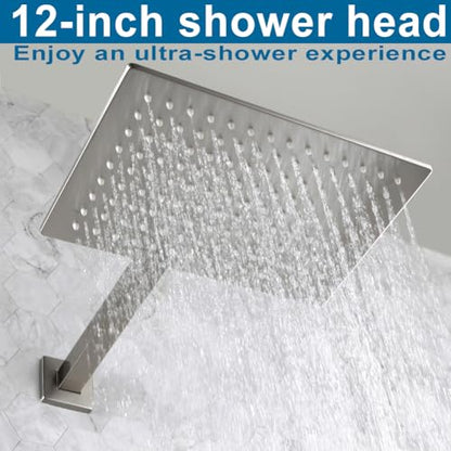 Shower Faucet Set with Rainfall 12 Inch Shower Head, Wall Mounted Bathroom Shower System Brushed Nickel, Single Function Shower Trim Kit with Valve - color: Brushed Nickel, size: 12 Inch (Wall Mount)