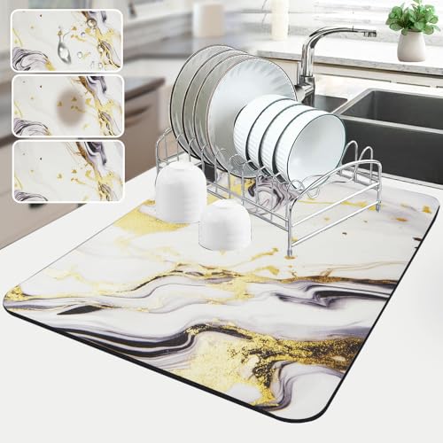 Sofort Dish Drying Mat, Super Absorbent Dish Drying Pad | Non-slip backing, Gold Black Marble, For Kitchen Counter, Coffee Maker, Dish Rack, 16 x 24 Inches