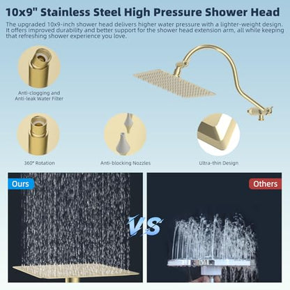 Hibbent All Metal CUPC Certified Shower Head, 10'' High Pressure Rainfall Shower Head, Handheld Showerhead Combo, 12'' Adjustable Extension Arm, 10 Sprays, 71'' Hose, Shower Holder, Brushed Gold - color: Brushed Gold, style: Square 10''