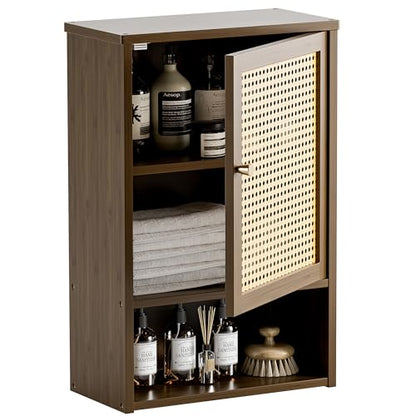HITNET Bathroom Cabinet Wall Mounted, Medicine Cabinet with Single Rattan Door, Bamboo Hanging Storage Organizer Over Toilet, Space Saving, Walnut - color: Walnut