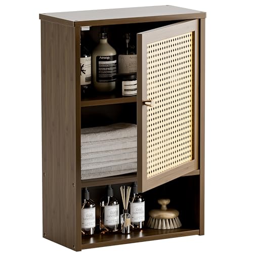 HITNET Bathroom Cabinet Wall Mounted, Medicine Cabinet with Single Rattan Door, Bamboo Hanging Storage Organizer Over Toilet, Space Saving, Walnut - color: Walnut
