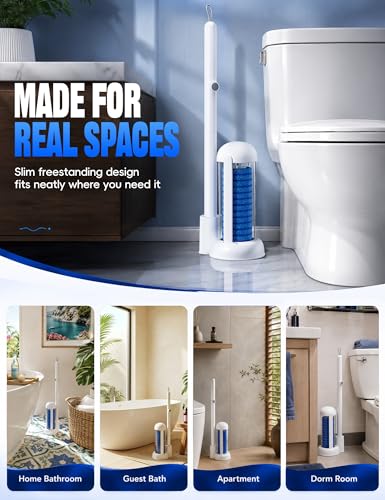 Toilet Brush Kit, Disposable Toilet Bowl Cleaner Brush with Blue Replacement Heads, Press-Button Wand and Self-Closing Freestanding Holder (Toilet Brush + 63 Refills)
