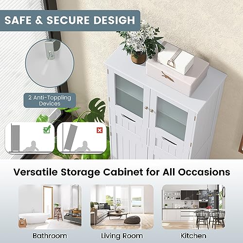 COSTWAY Tall Bathroom Storage Cabinet, Freestanding Storage Organizer with Glass Doors, 2 Drawers & 2 Adjustable Shelves, Wooden Linen Floor Cabinet for Bathroom, Living Room, Kitchen (White) | with Glass Doors, 2 Drawers & 2 Adjustable Shelves, Wooden Li
