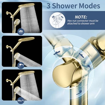High Pressure Dual Shower Head with Handheld Spray Combo | 9 Spray Modes Handheld Showerhead, Double Rainfall Structure, Waterfall Shower Equipped with 79-Inch Hose, Brushed Gold - color: Brushed Gold