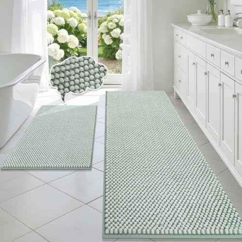 BSICPRO Bathroom Rugs Set 2 Piece-Chenille Bath Mats Non Slip-Thick Soft Absorbent Bath Rug-Shower Floor Mat Machine Washable-Bathroom Decor Accessories (Mint Green, 22" x 59" Plus 20" x 32") - color: Mint Green, size: 22" x 59" Plus 20" x 32"