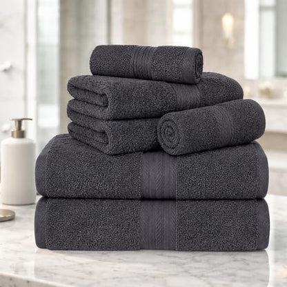 100% Cotton Bathroom Towel Set, 600 GSM, Soft & Absorbent, 6 Piece Set (2 Bath Towels, 2 Hand Towels, 2 Washcloths), Gray - color: Grey, size: Towel Set of 6